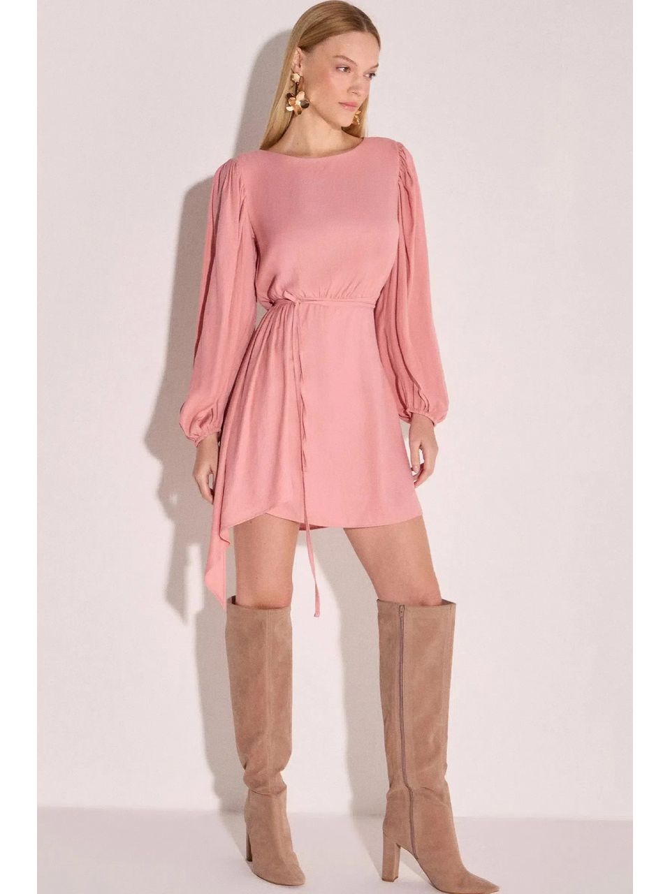 Vestido Manga Longa em Crepe Rosa