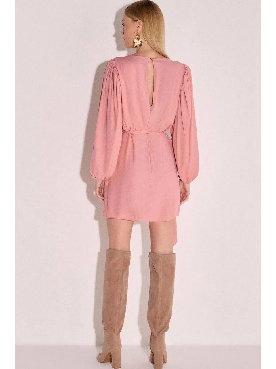 Vestido Manga Longa em Crepe Rosa