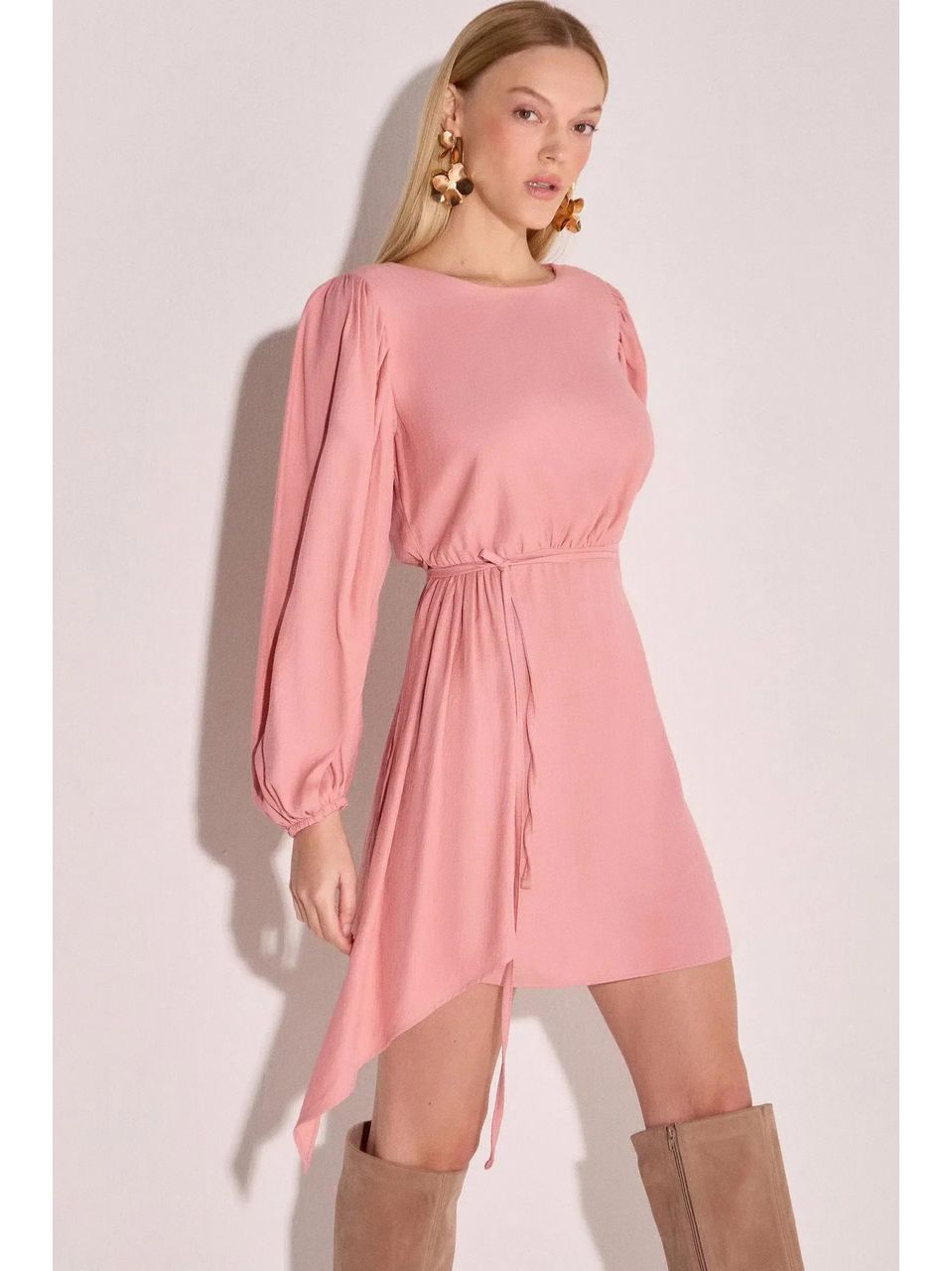 Vestido Manga Longa em Crepe Rosa