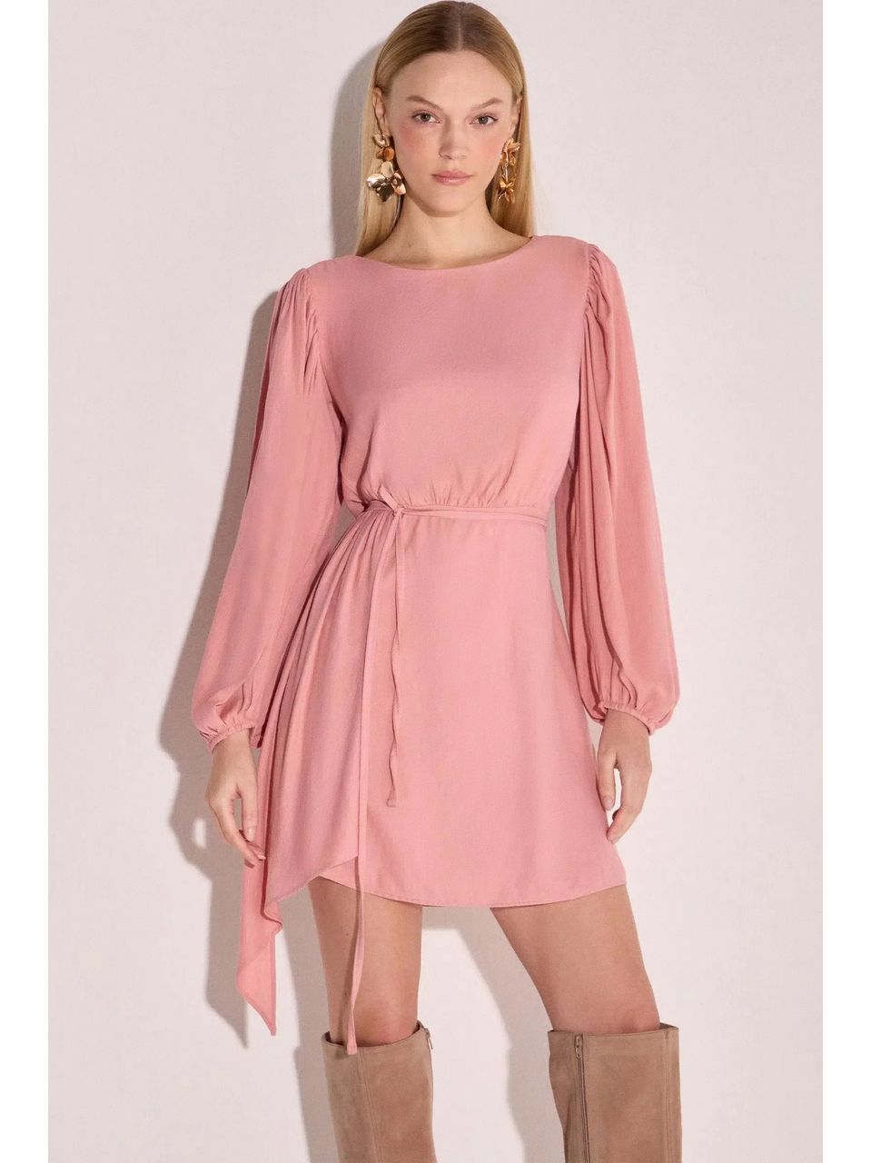 Vestido Manga Longa em Crepe Rosa