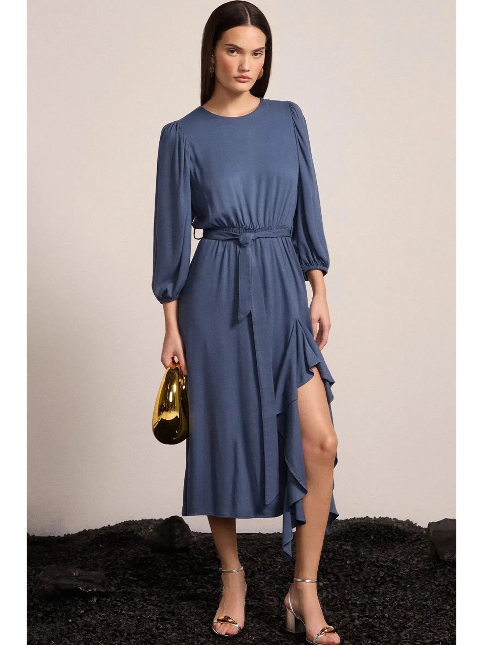 Vestido Midi em Blend Viscose Azul Escuro 
