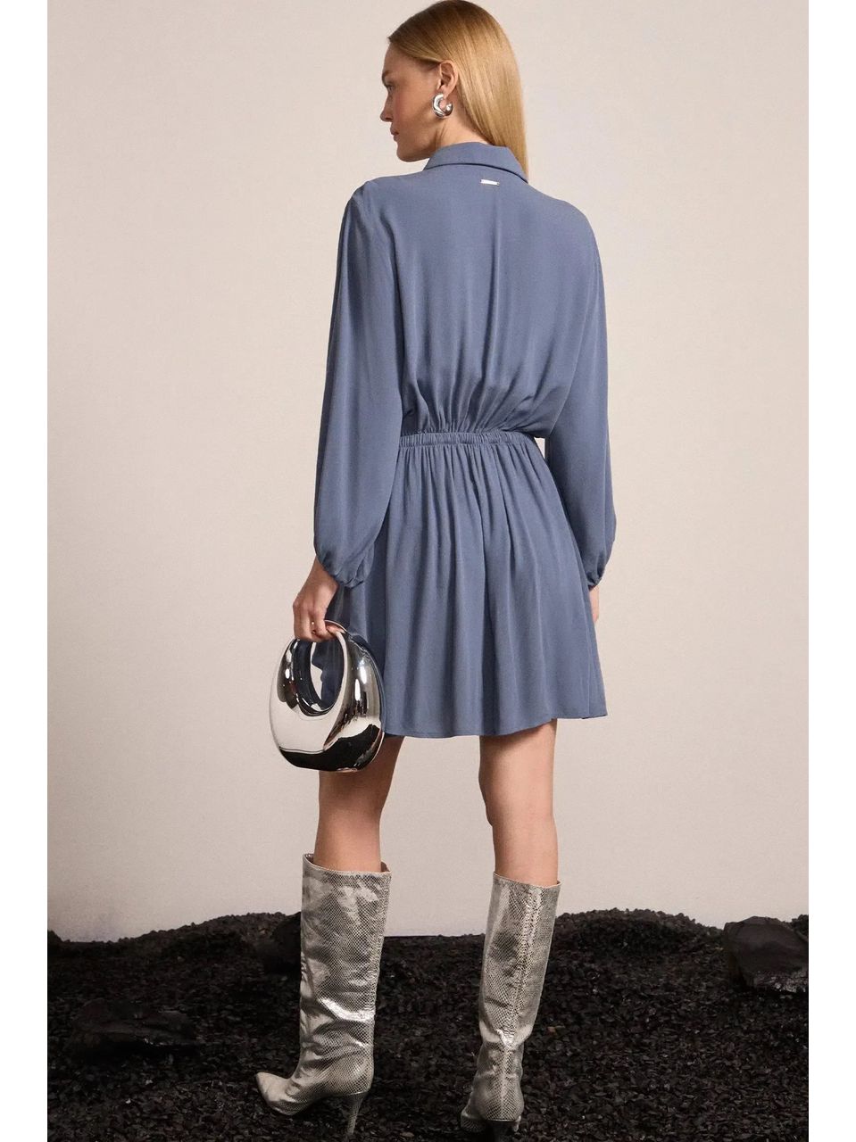 Vestido Chemise em Crepe Azul Escuro