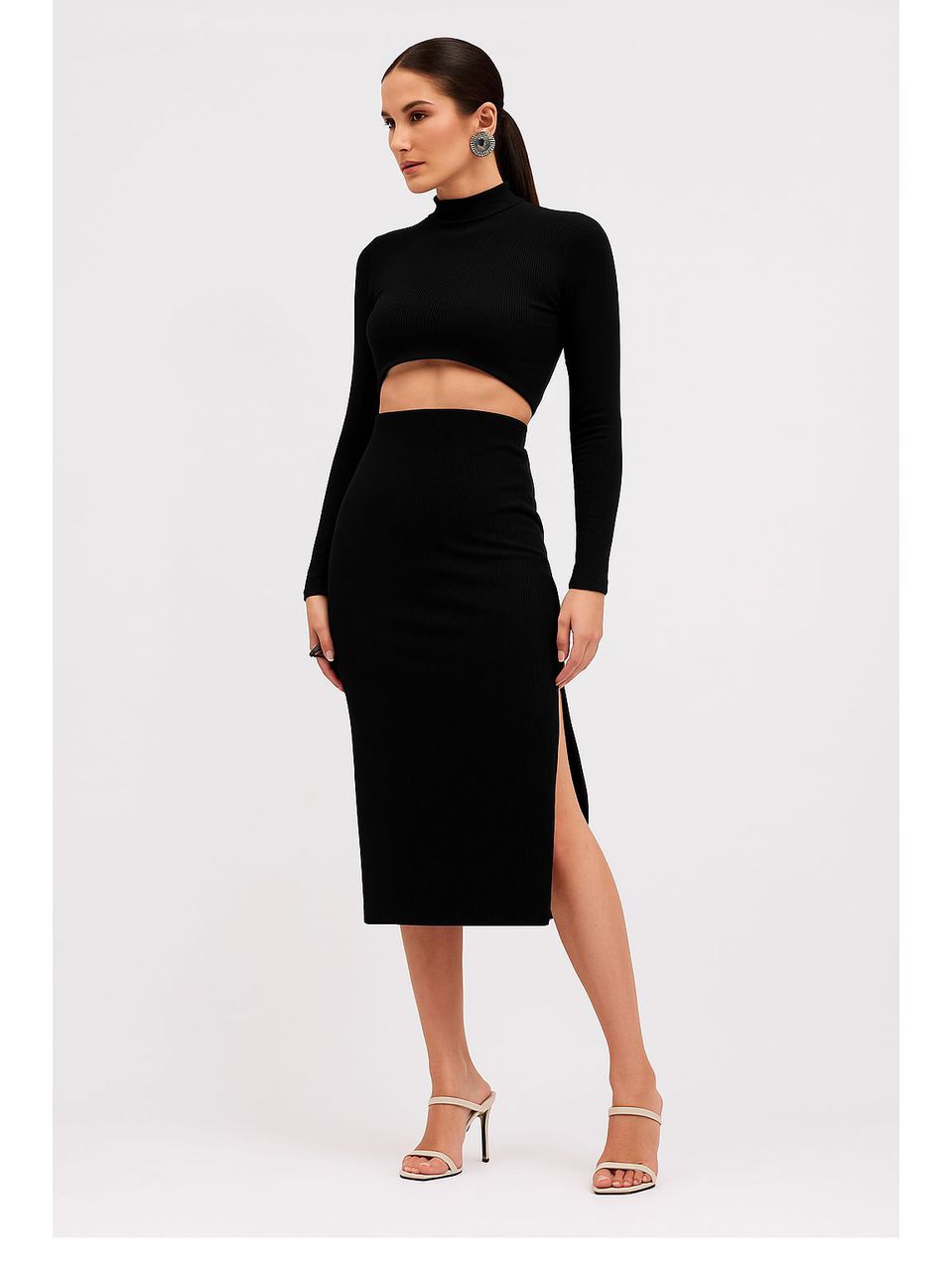 Saia Sommer Midi Canelada Preto