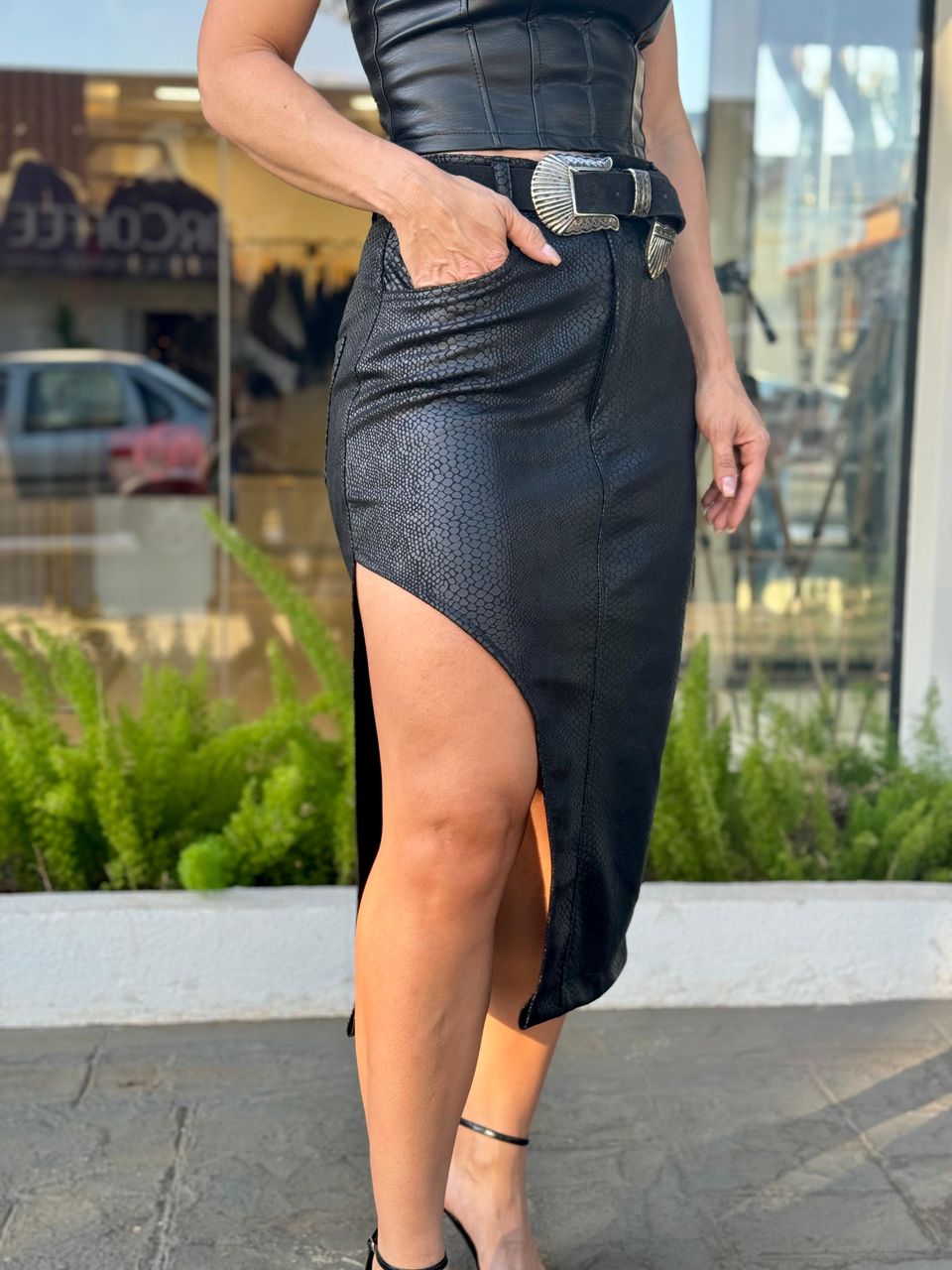 Saia Suede Midi Duda Animale Preto