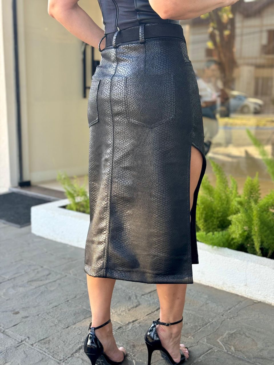Saia Suede Midi Duda Animale Preto