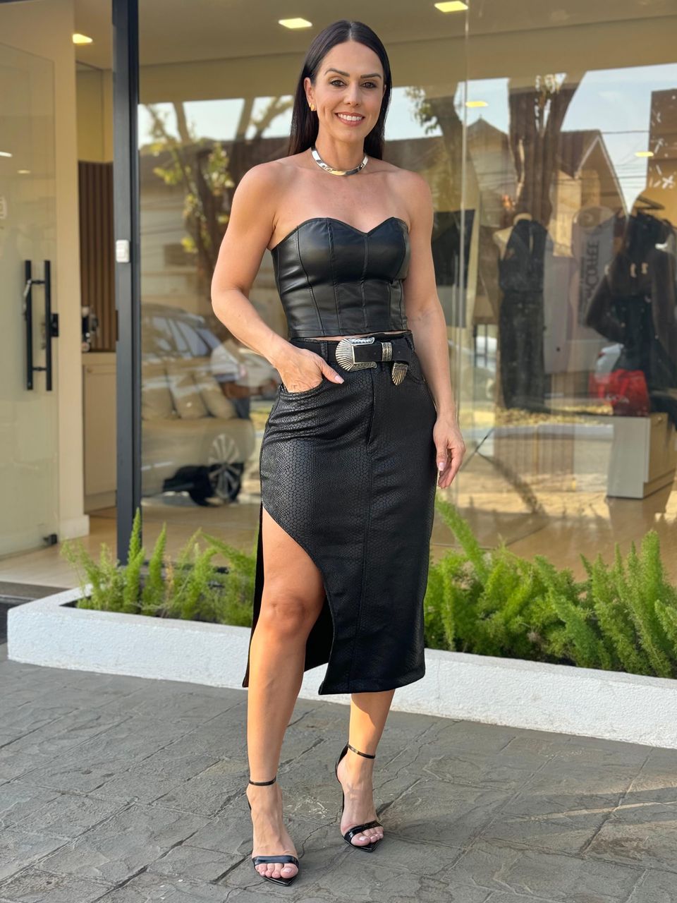 Saia Suede Midi Duda Animale Preto - Arpaia