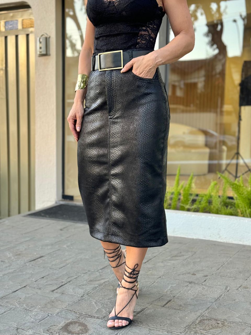 Saia Midi Suede Eduarda Animale Preto