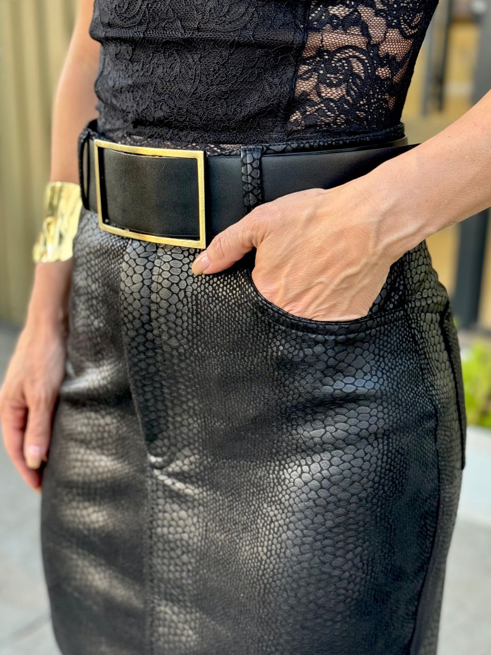 Saia Midi Suede Eduarda Animale Preto