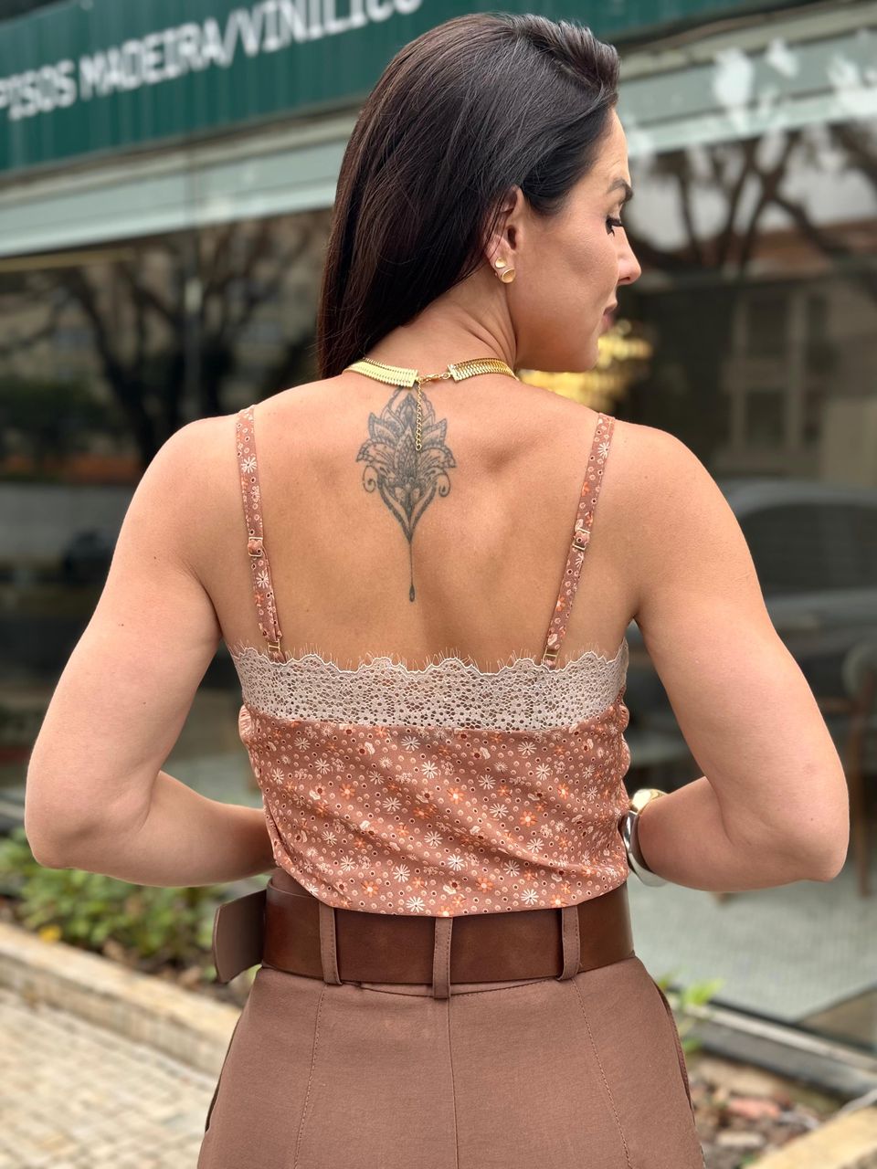 Blusa Alça com Renda Floral Nude