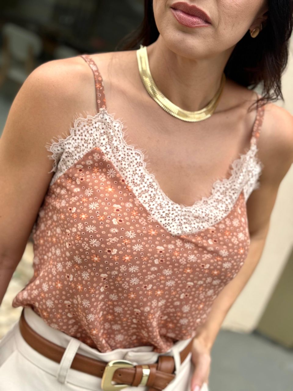 Blusa Alça com Renda Floral Nude