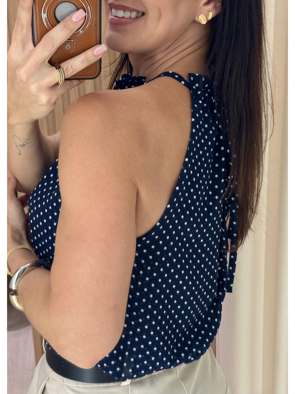 Blusa Chiffon Poá Georgina Azul Marinho