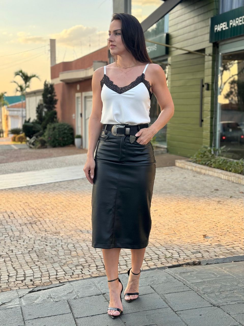 Blusa Alça com Renda Crepe de Viscose Off White