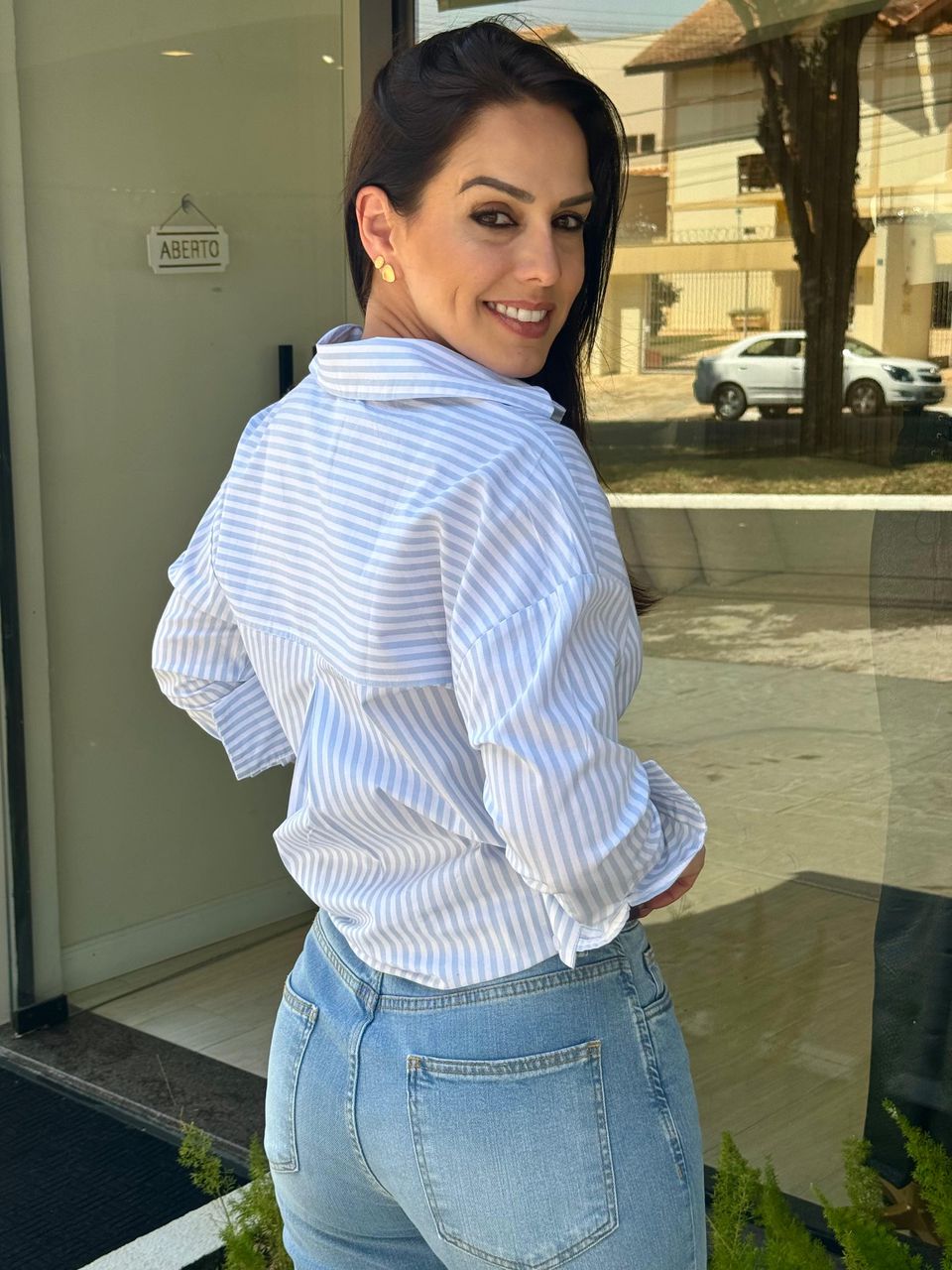 Camisa Listrada Azul em Tricoline