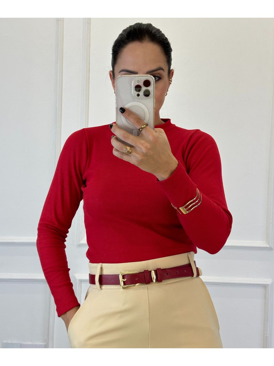 Blusa Canelada Vermelha Manga Longa Bianca - Arpaia