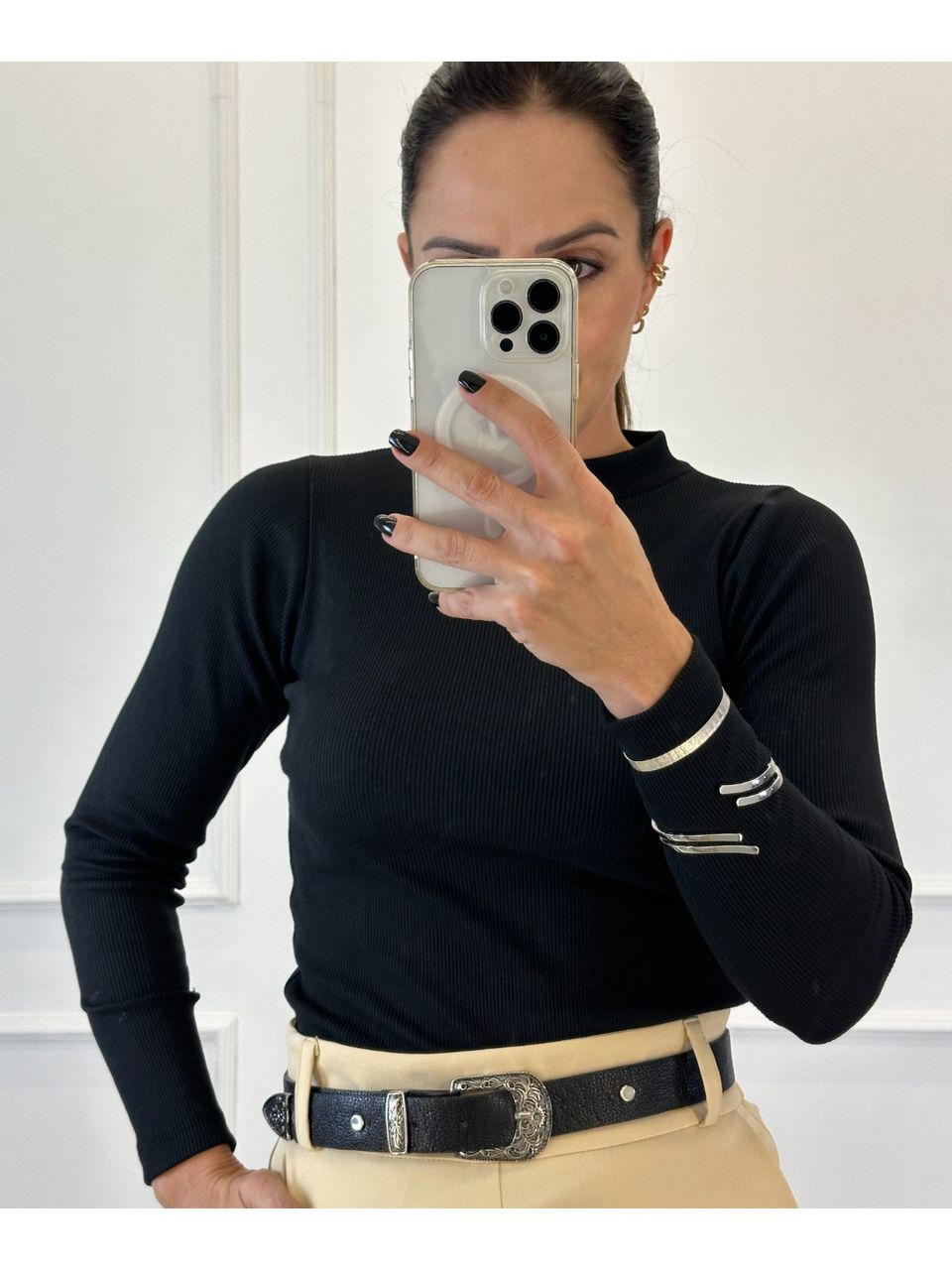 Blusa Canelada Preto Manga Longa Bianca - Arpaia