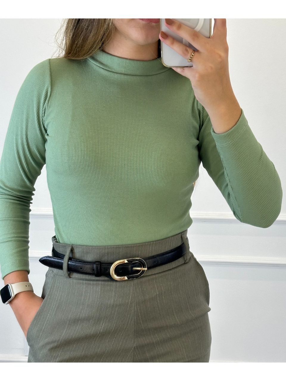 Blusa Canelada Verde Chá Manga Longa Bianca - Arpaia