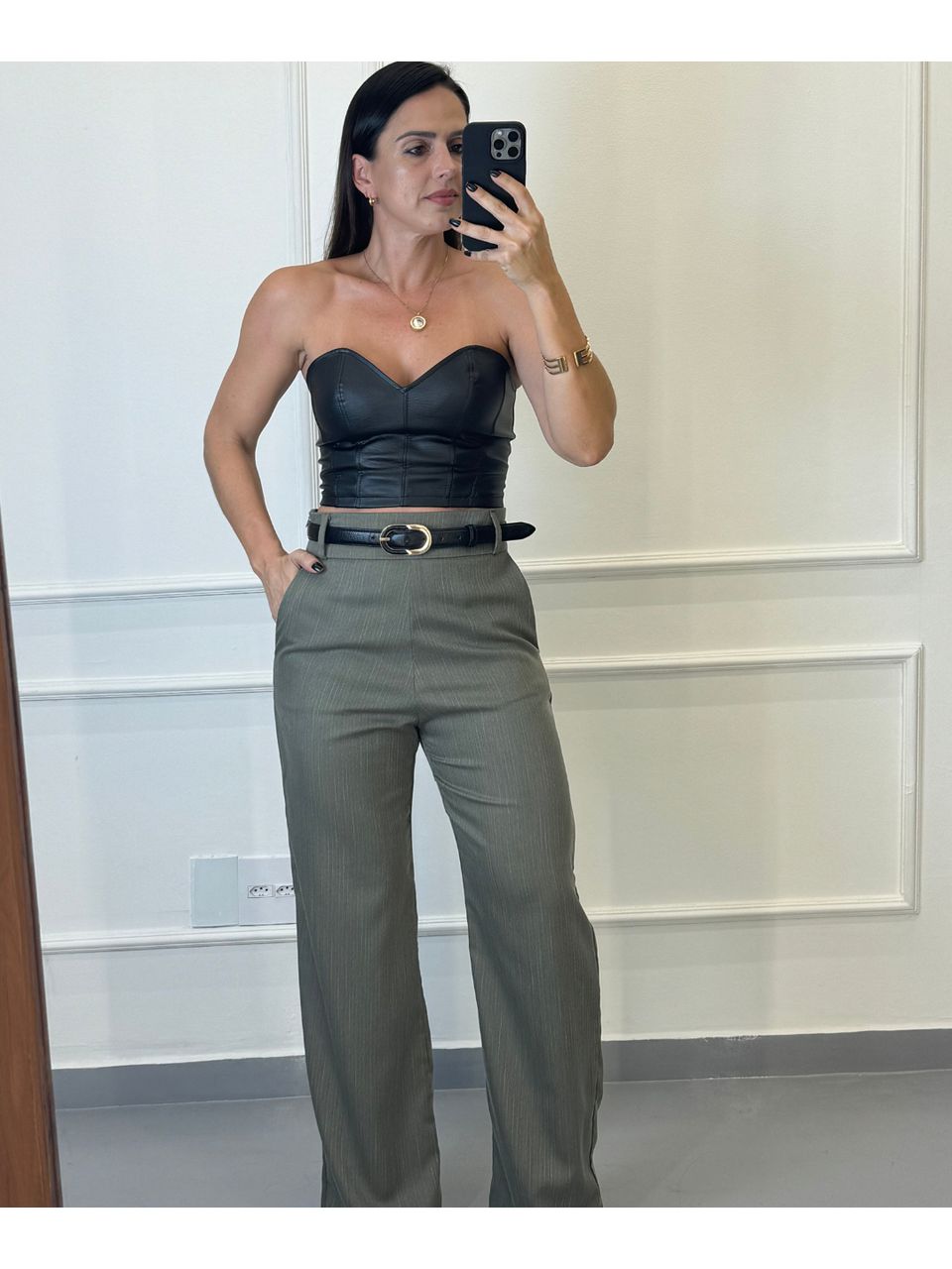 Calça Alfaiataria Paris Verde Risca De Giz 