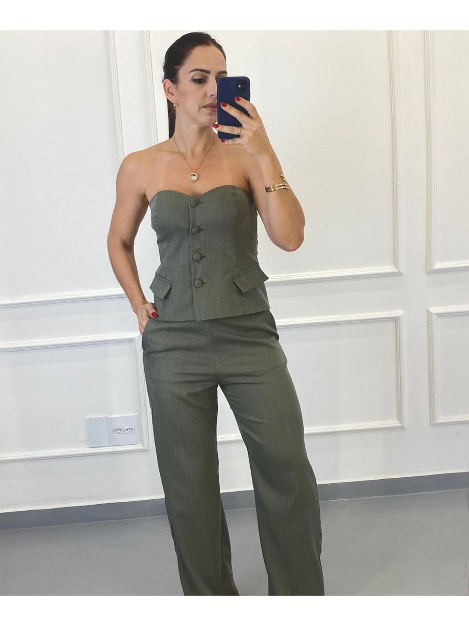 Corselet Alfaiataria Paris Verde Risca De Giz