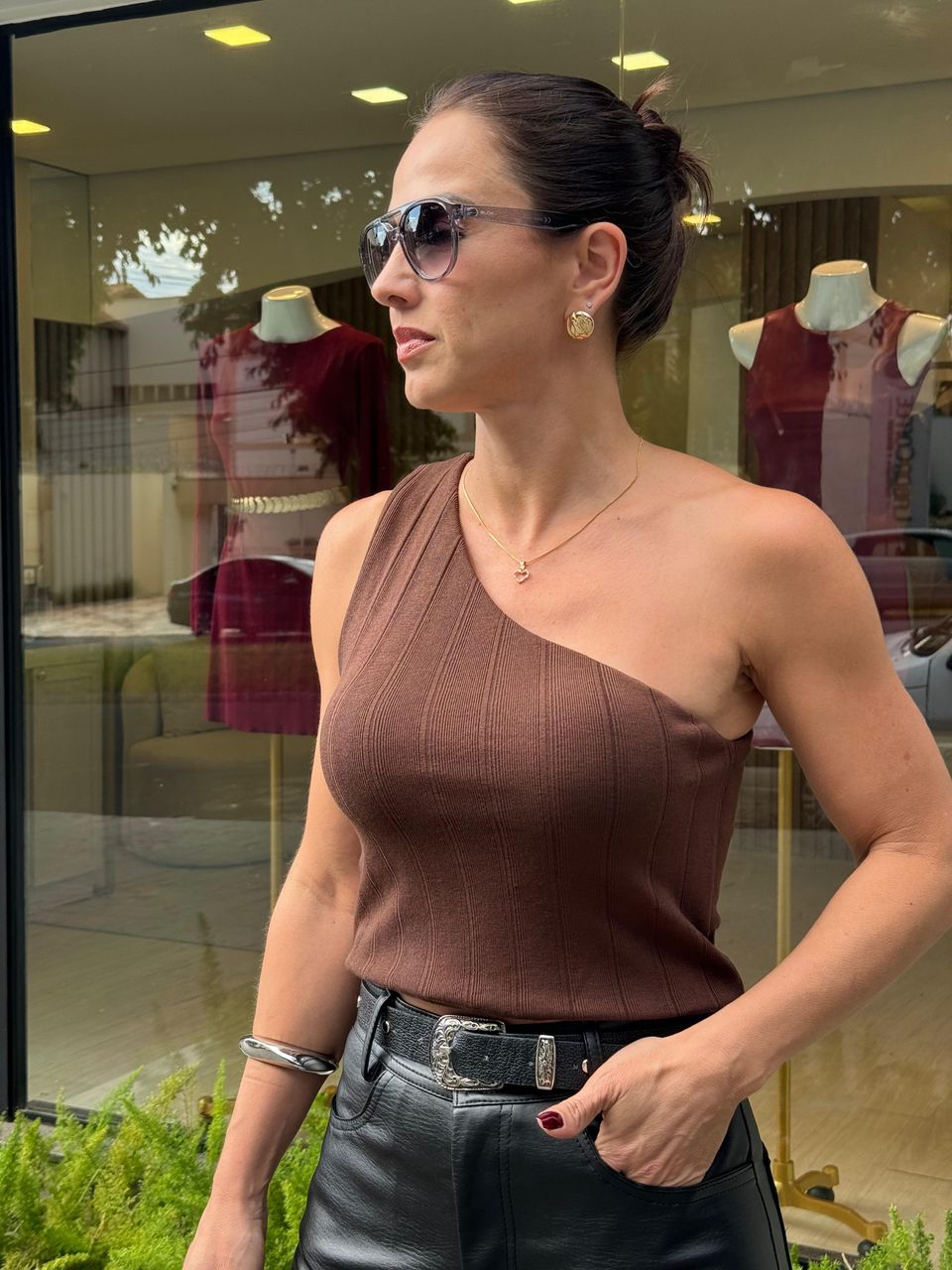 Cropped Nula Manga Marrom Helô - Arpaia