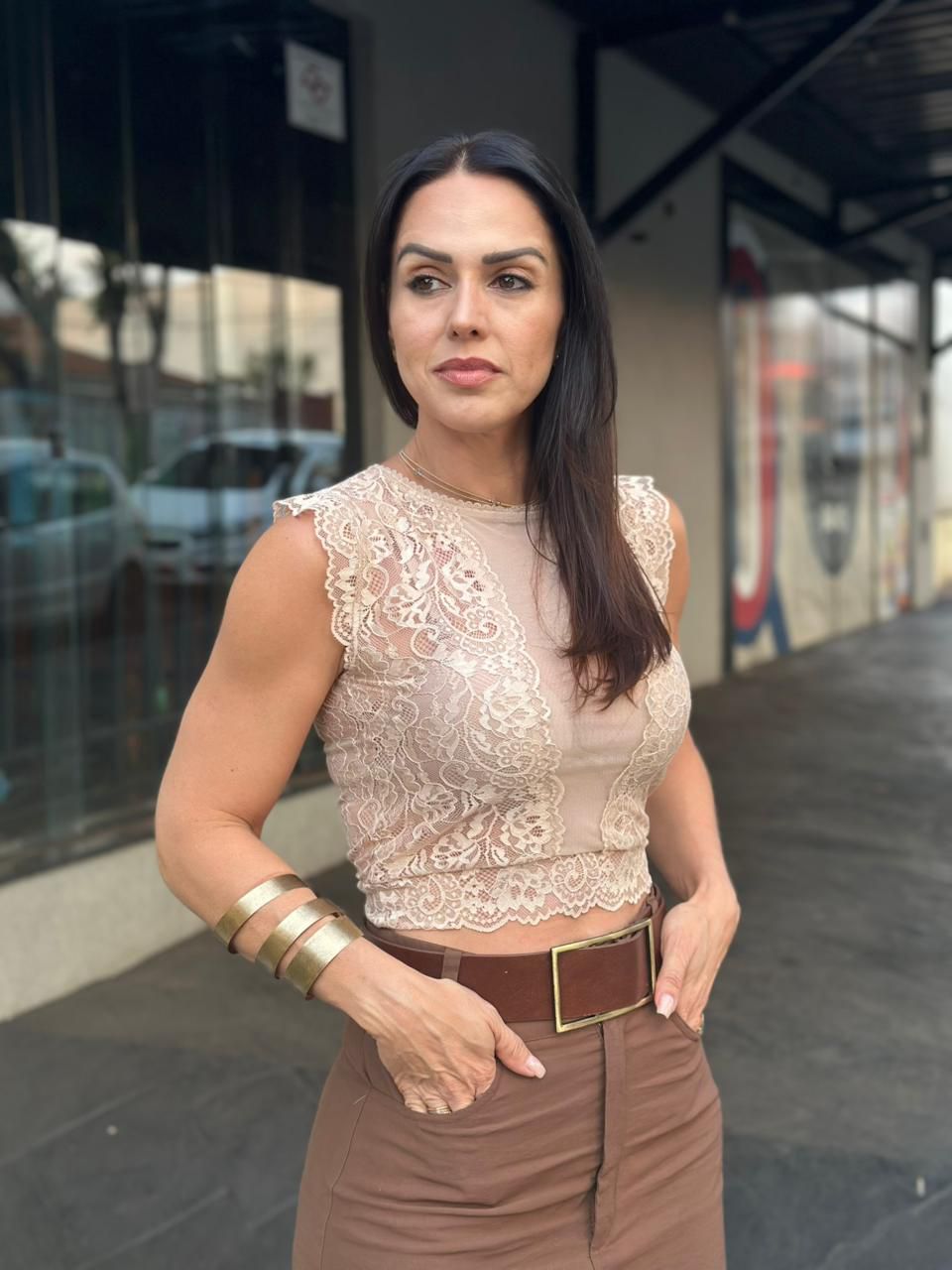 Cropped em tule e renda nude - Arpaia