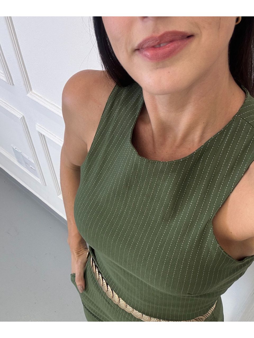 Cropped Alfaiataria Milão Risca de Giz Verde Militar