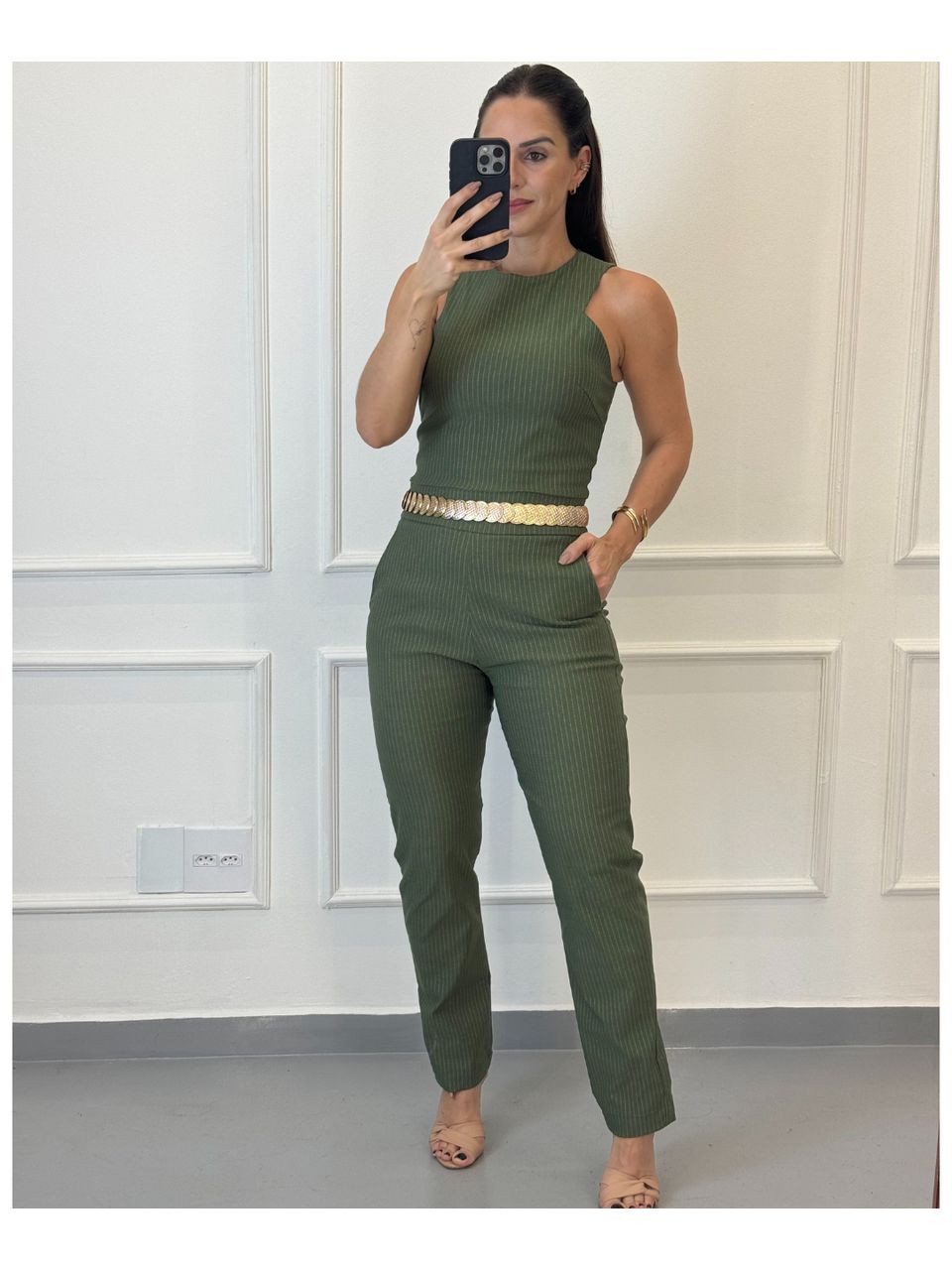 Cropped Alfaiataria Milão Risca de Giz Verde Militar