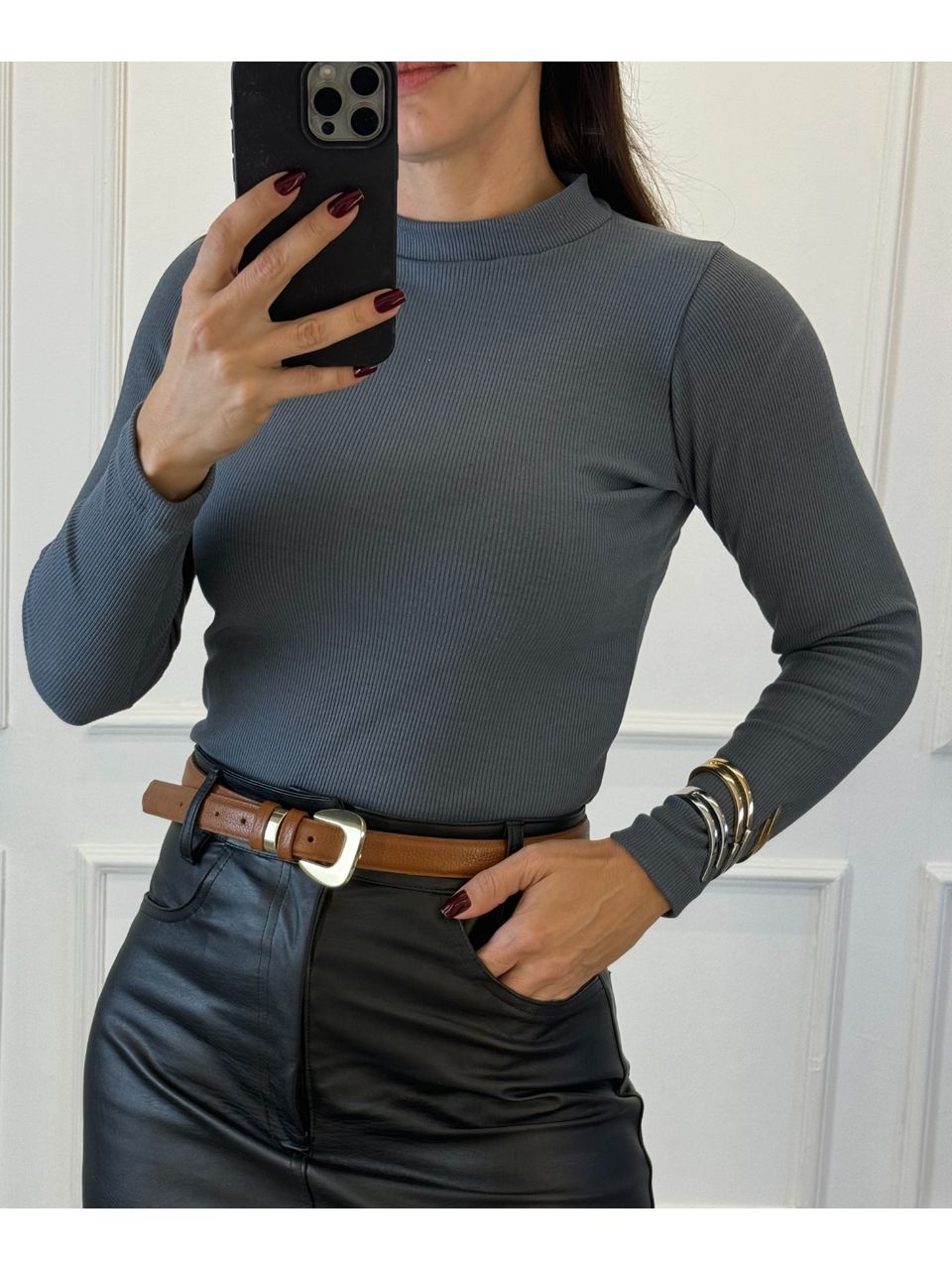 Blusa Canelada Cinza Manga Longa Bianca - Arpaia