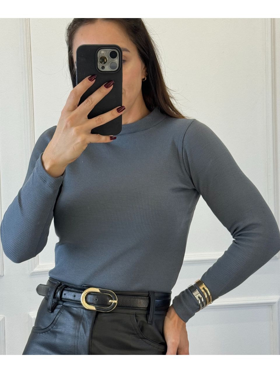 Blusa Canelada Cinza Manga Longa Bianca 