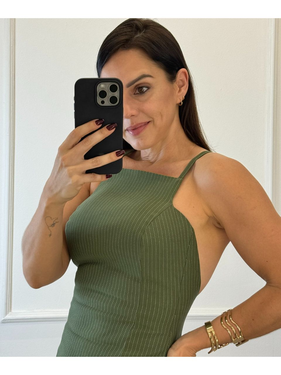 Vestido Alfaiataria Risca De Giz Genebra Verde Militar