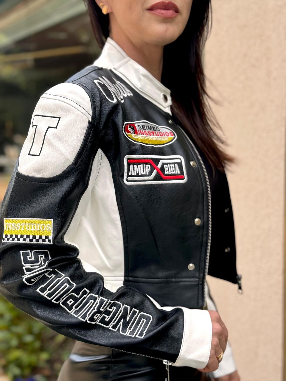 Jaqueta Cropped Courino Speedy Black/White