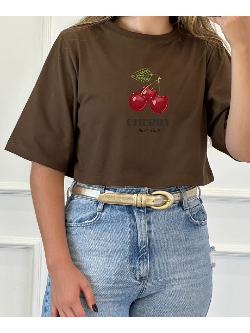 Cropped Algodão Marrom Estampa Cherry - Arpaia
