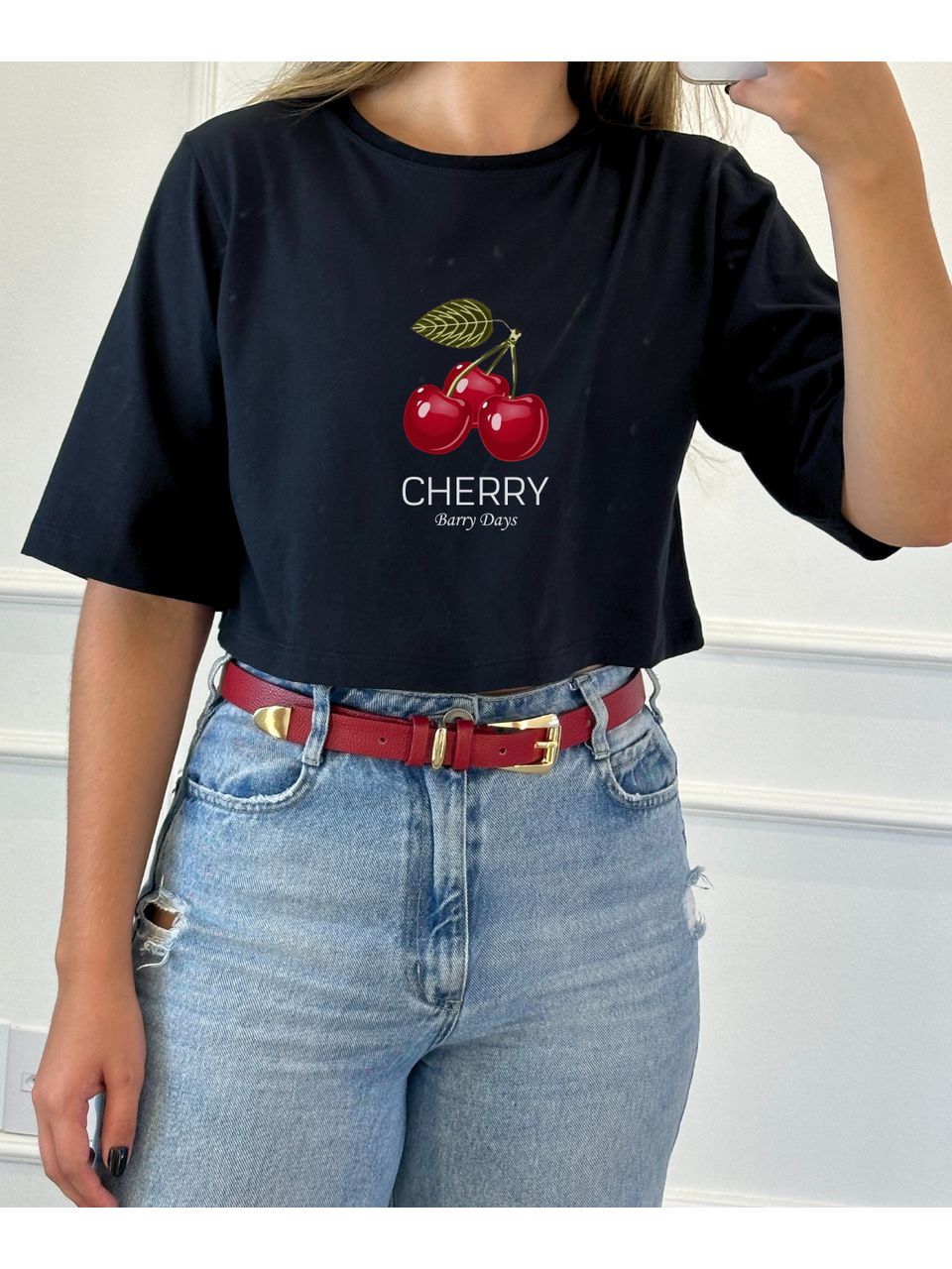 Cropped Algodão Preto Estampa Cherry - Arpaia