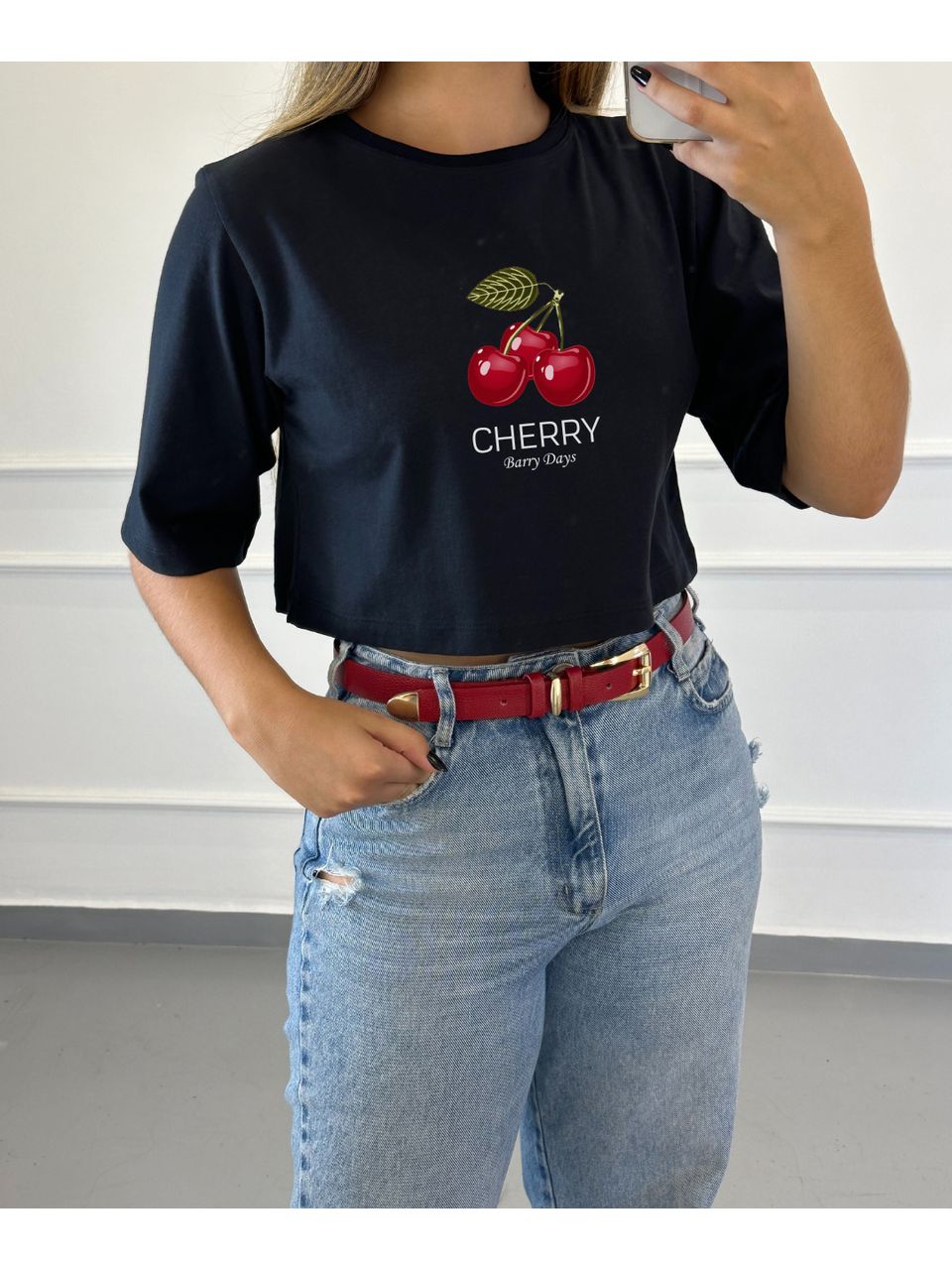 Cropped Algodão Preto Estampa Cherry