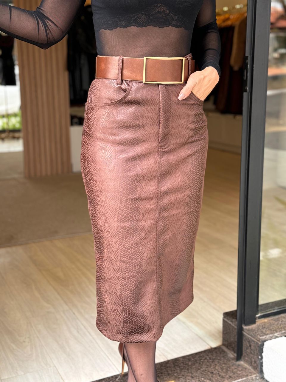 Saia Midi Suede Eduarda Animale