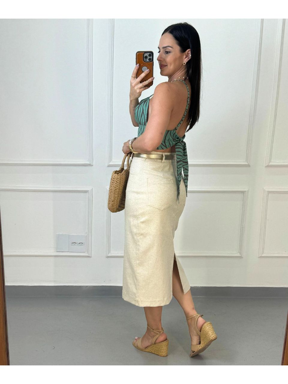 Saia Jessie Midi Em Linho Spandex Cru