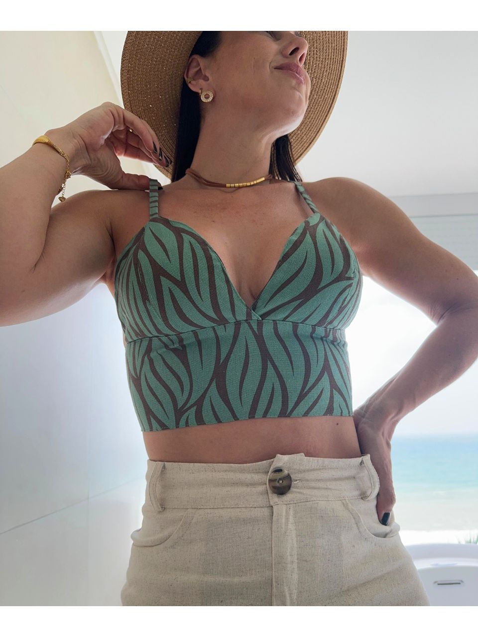 Top Linho Estampado Aida Folhas