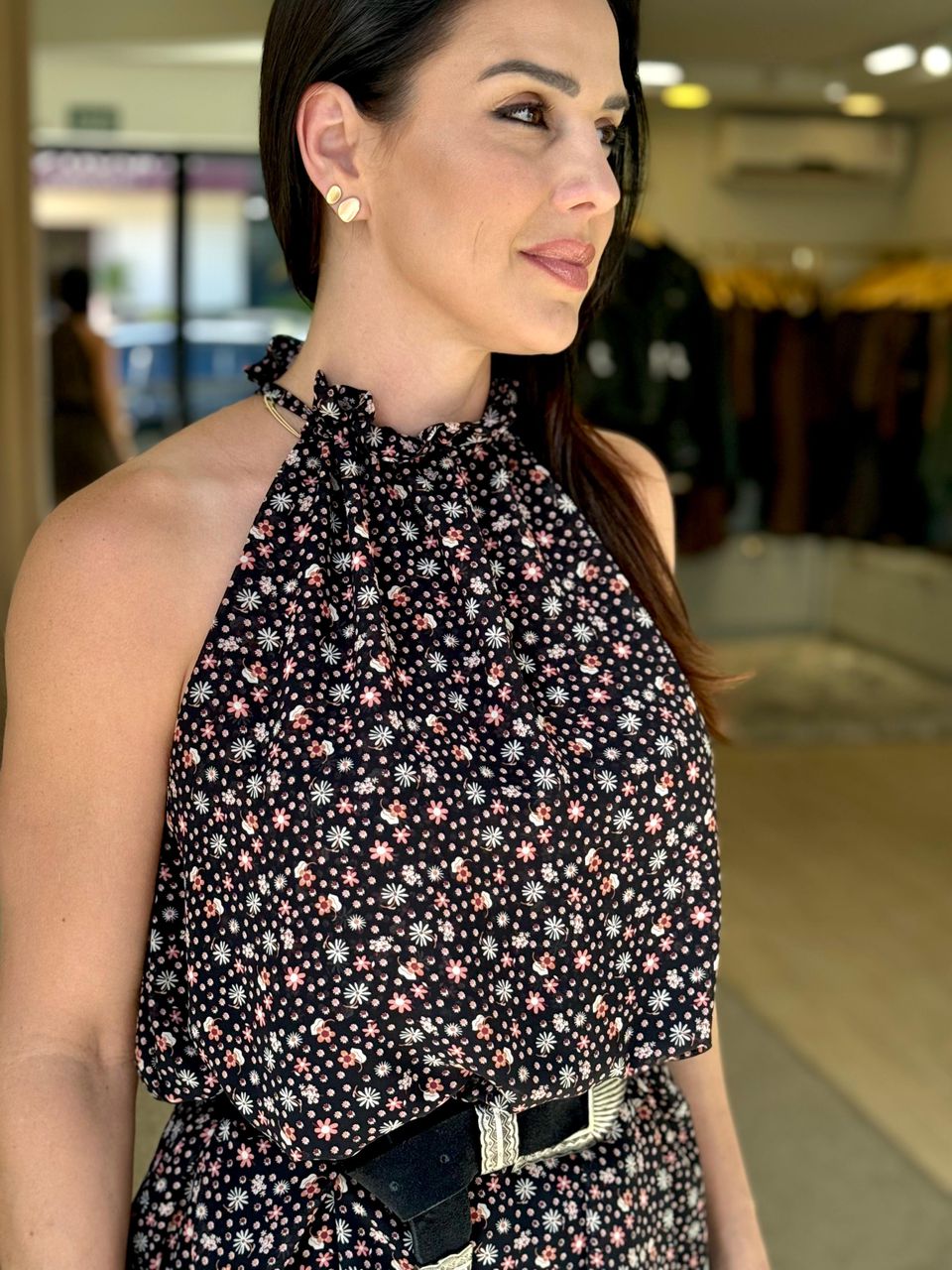 Vestido Chiffon Floral Preto Constance 