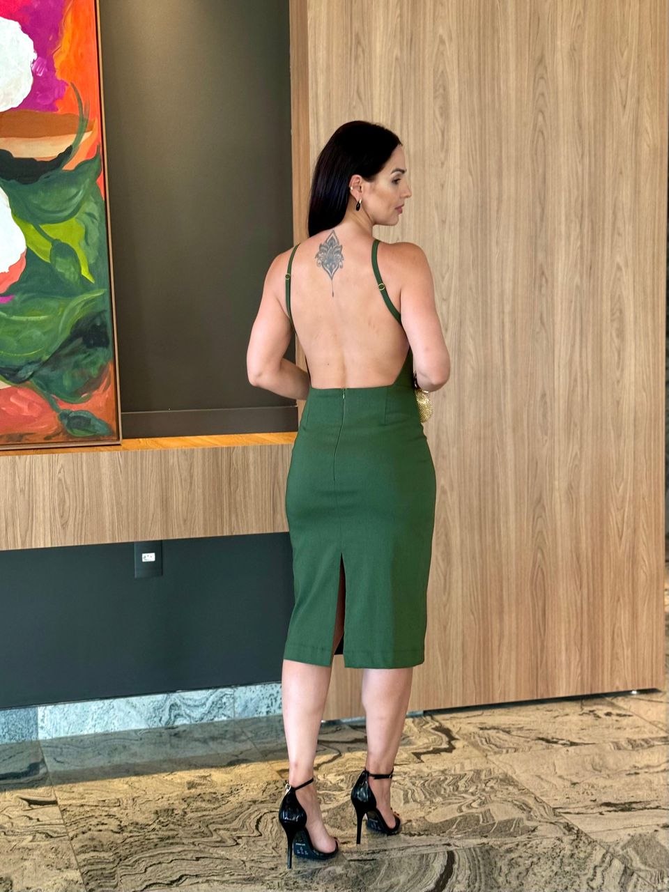 Vestido Midi Costas Abertas Diamond Verde Militar - Arpaia