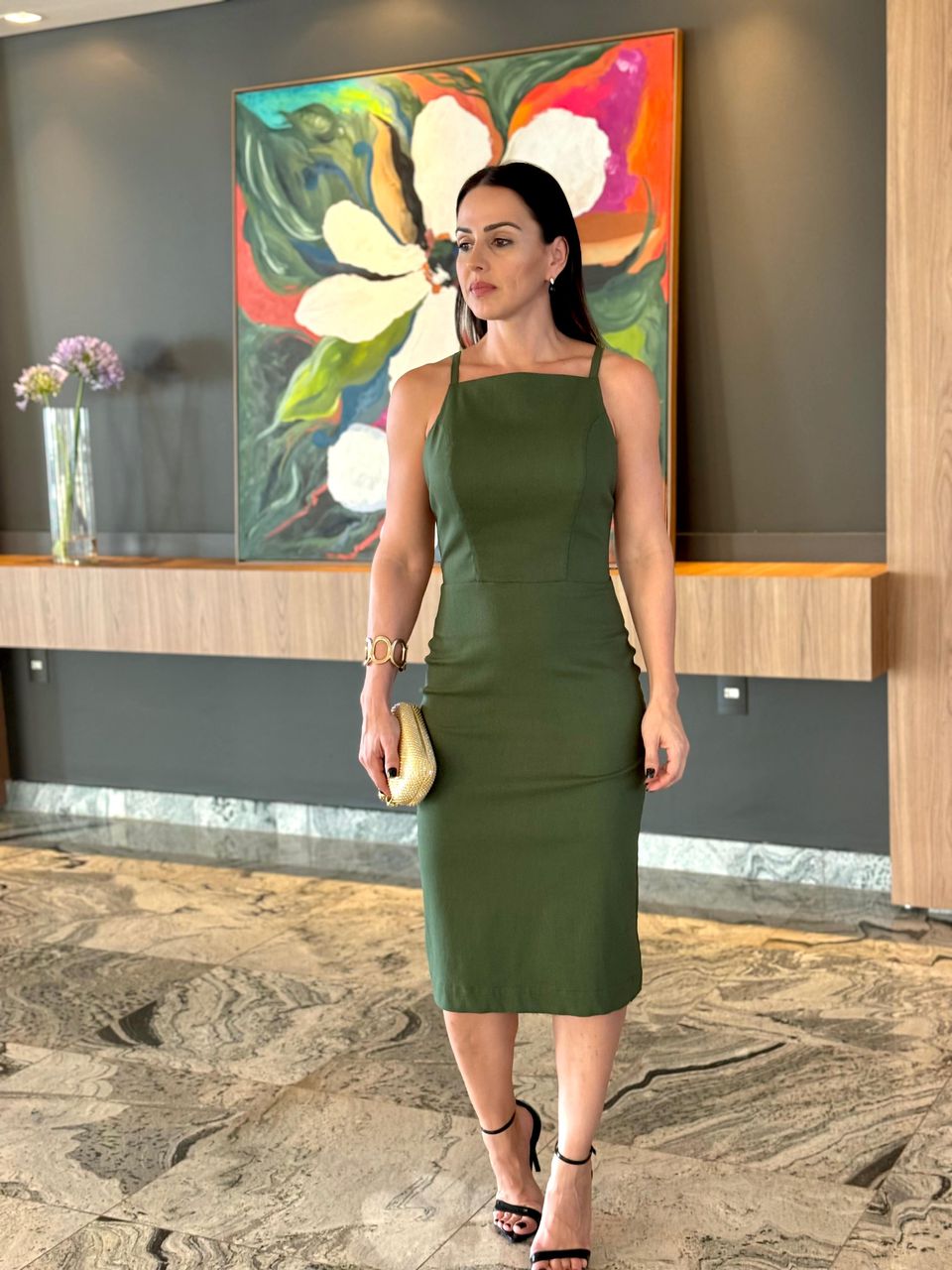 Vestido Midi Costas Abertas Diamond Verde Militar
