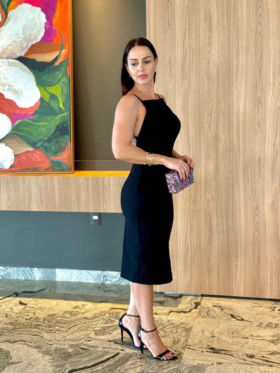 Vestido Midi Costas Abertas Diamond Preto