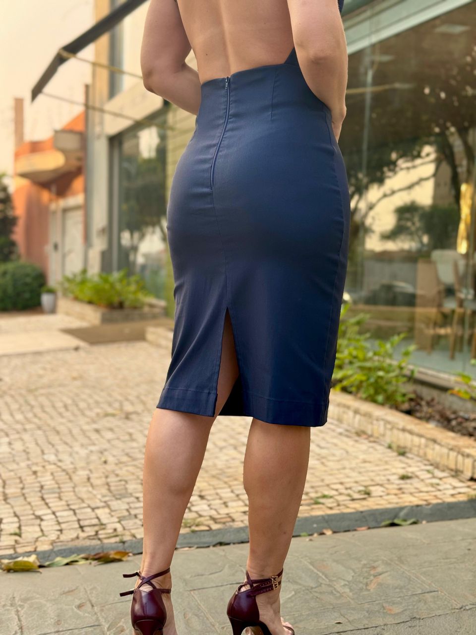 Vestido Midi Costas Abertas Diamond Azul Marinho
