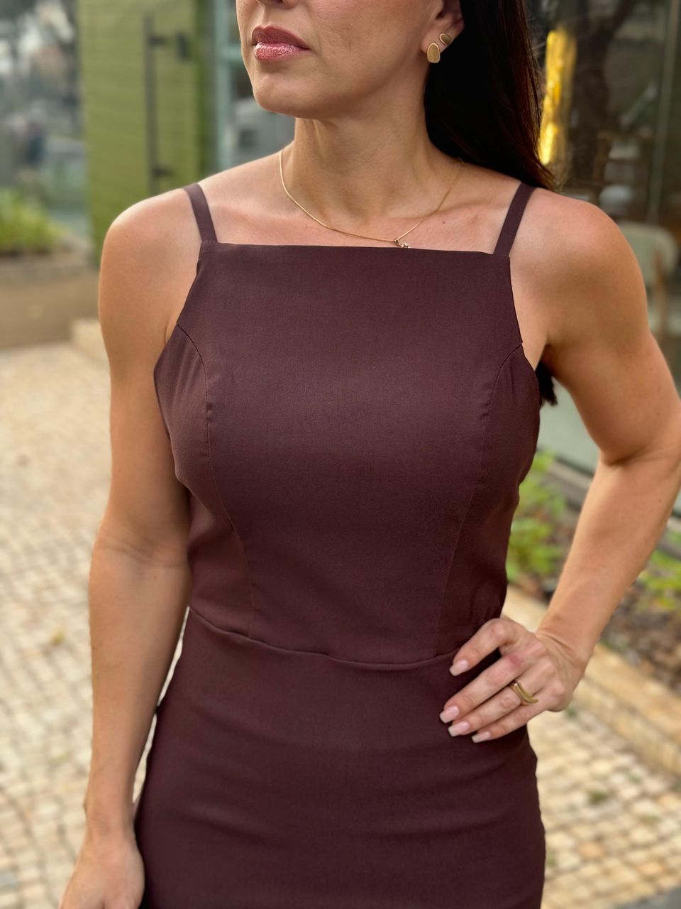 Vestido Midi Costas Abertas Diamond Coffee