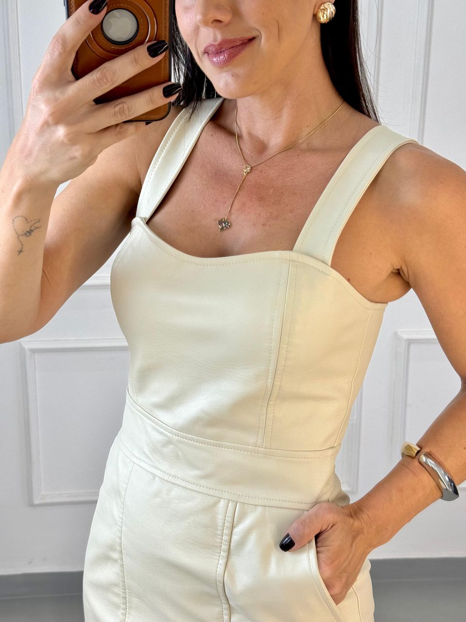 Vestido Courino com Alça Dri Creme