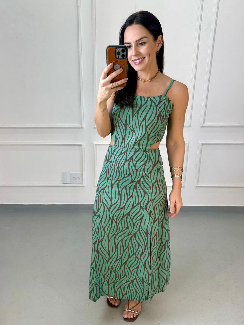 Vestido Linho Eloise Estampa Folhas - Arpaia