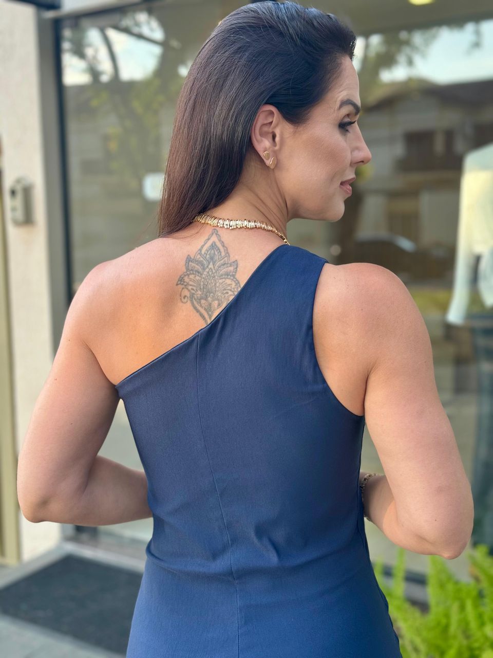 Vestido Curto Nula Manga Romana Azul Marinho