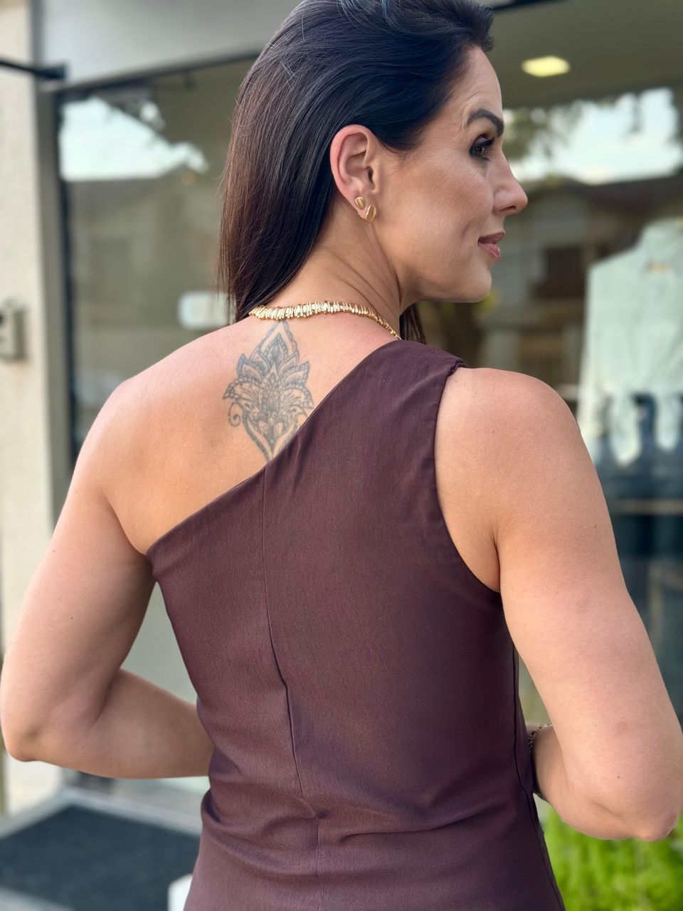 Vestido Curto Nula Manga Romana Coffee