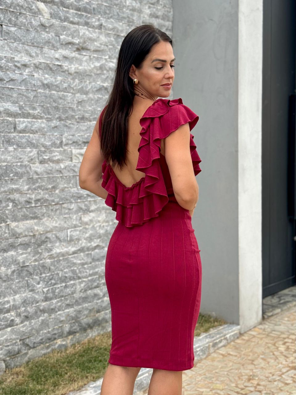Vestido Tubinho Babados Verônica Cabernet