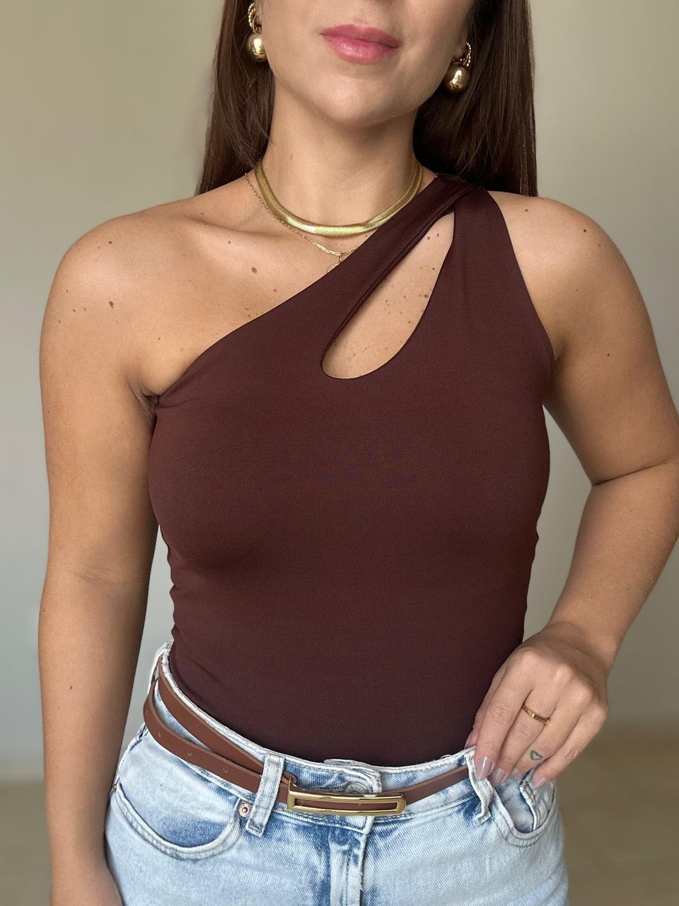 Body Marcela Nula Manga Marrom - BRUVI