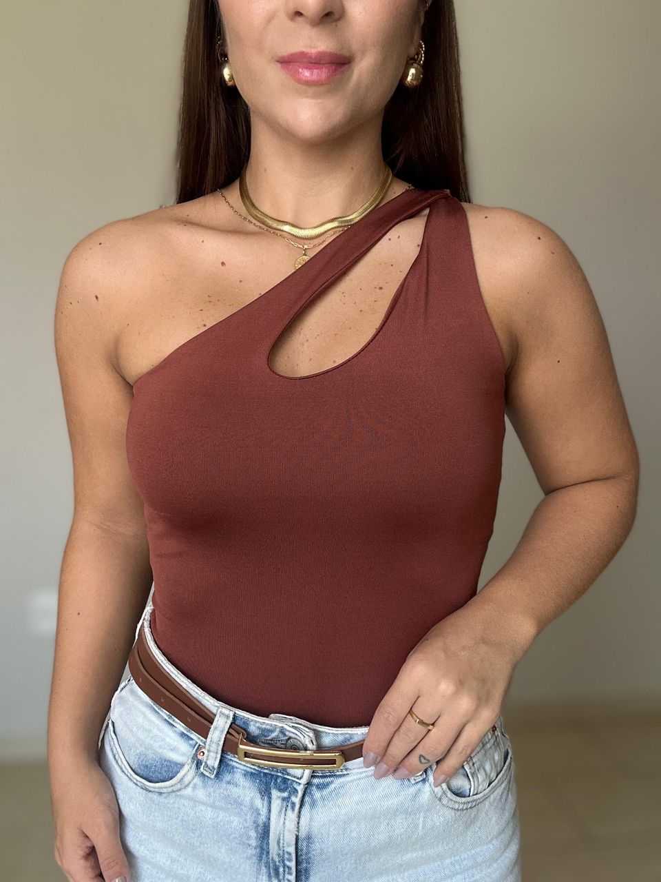 Body Marcela Nula Manga Castanho - BRUVI