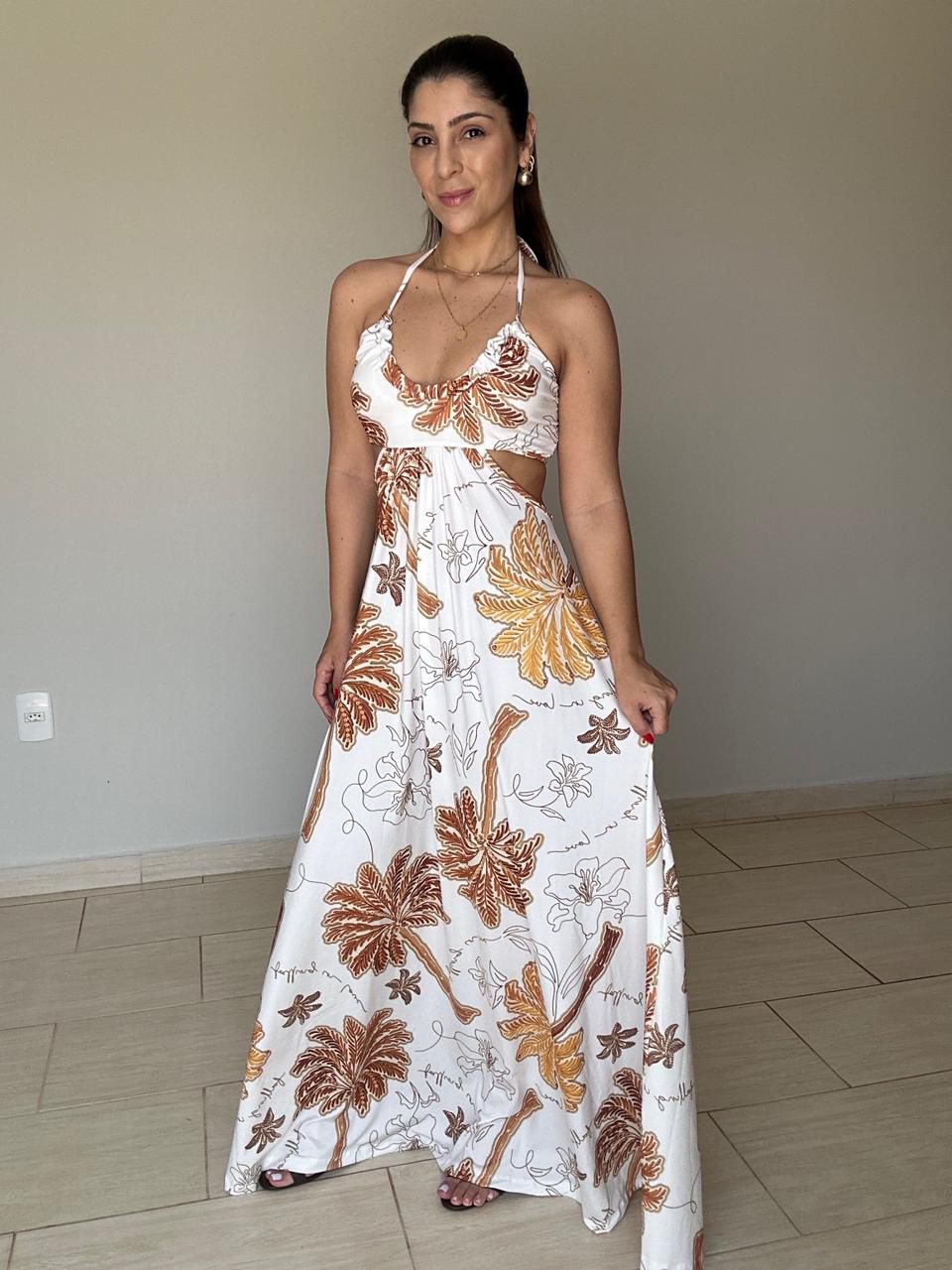 Vestido Nara Estampado Folhas Douradas - BRUVI